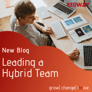 Man sitting at a desk with text 'Leading a hybrid team'