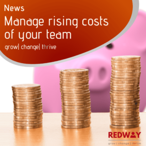 A pink piggy bank obscured by three stacks of money, one bigger than the next. The title 'manage rising costs of your team'.