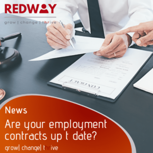 A man in a white shirt and black tie hovers over an employment contract with pen poised to sign it. In front is the title of the blog and the Redway HR logo.