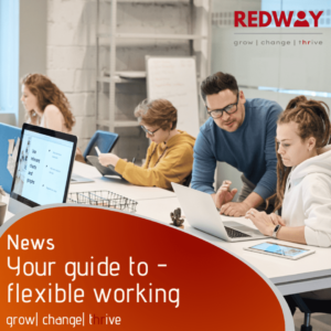 An office with people at a long desk. A man in glasses leans over to see a lady's screen and talk to her. The title of the blog ' your guide to flexible working' is at the front.
