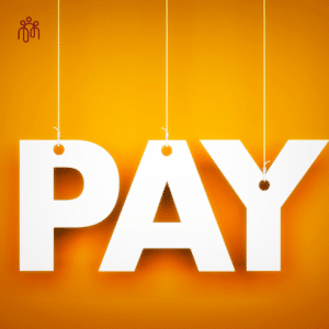 Large letters suspended from string reading PAY